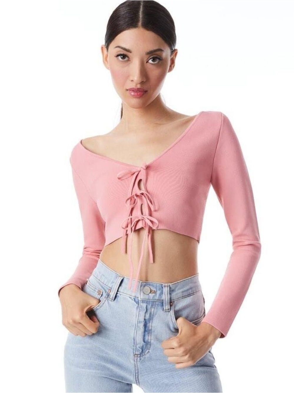 Alice + Olivia Pink Lace-Up Long Sleeve Crop Top
